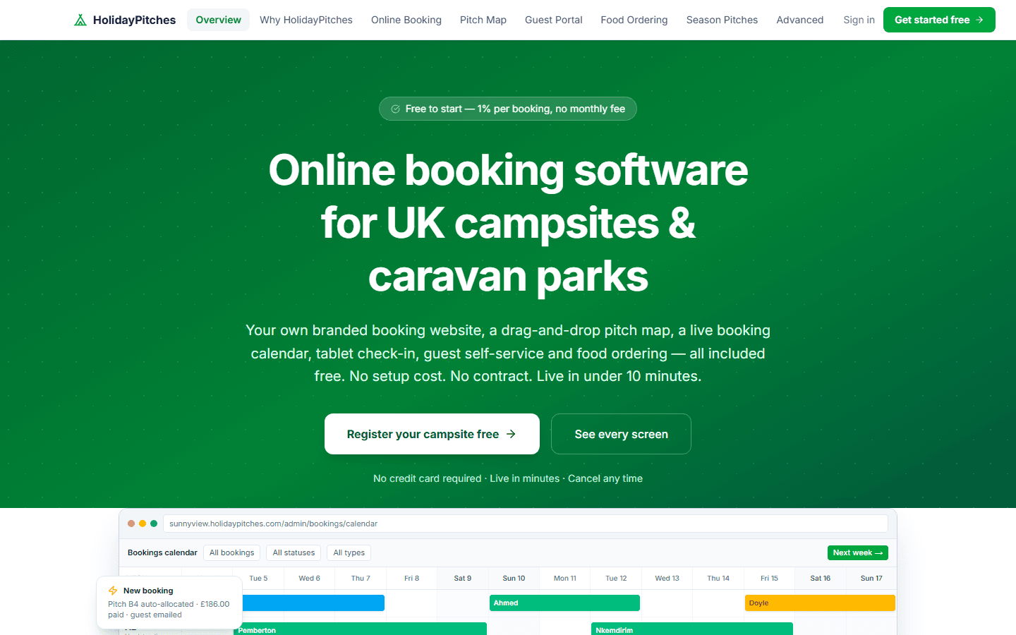 HolidayPitches camping and caravan park booking platform homepage