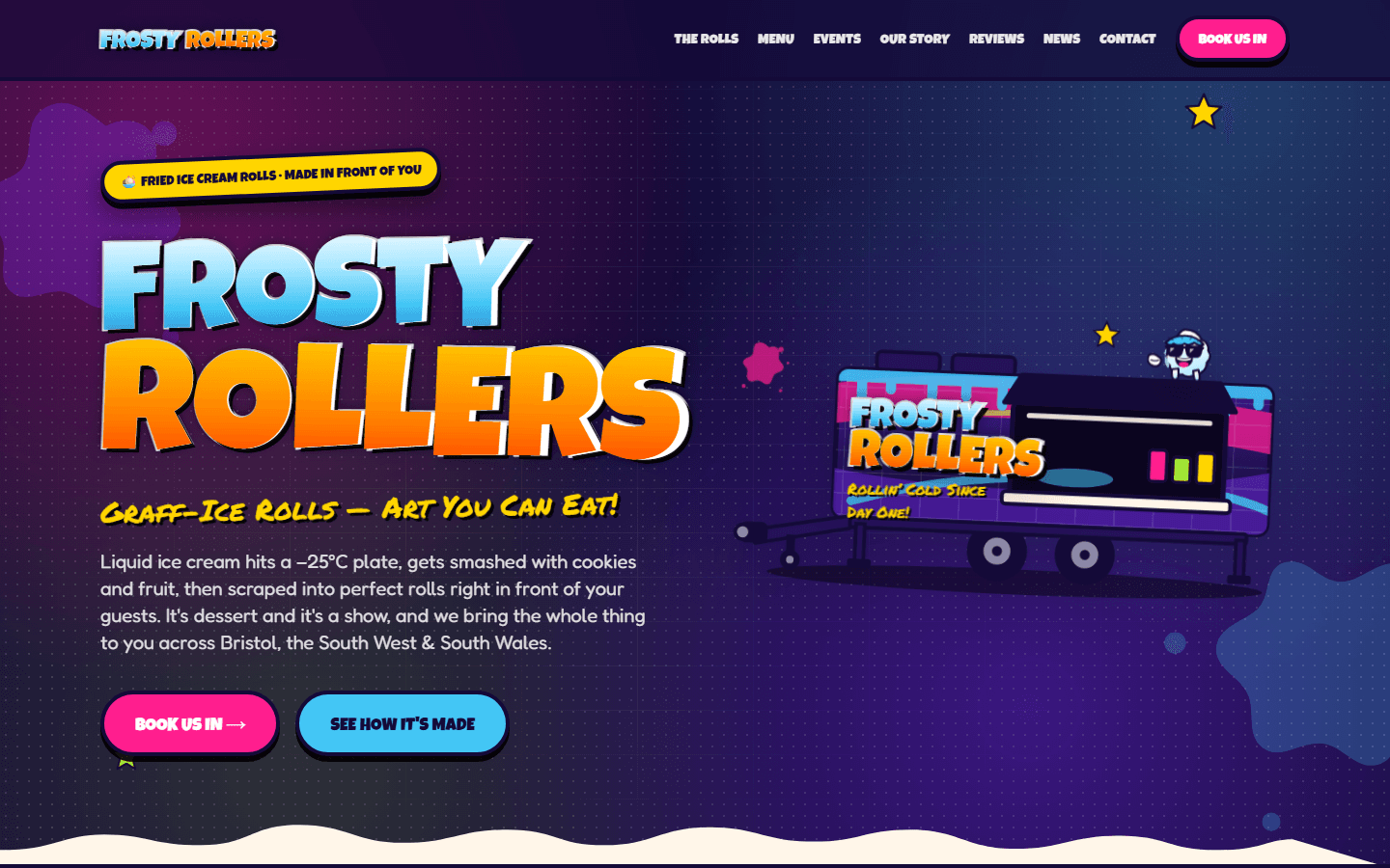 Frosty Rollers rolled ice cream website homepage in a graffiti street-art style